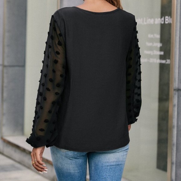 Boho Dusty Blue Swiss Dot Sheer Sleeve V neck Top Minimalist - Picture 4 of 12